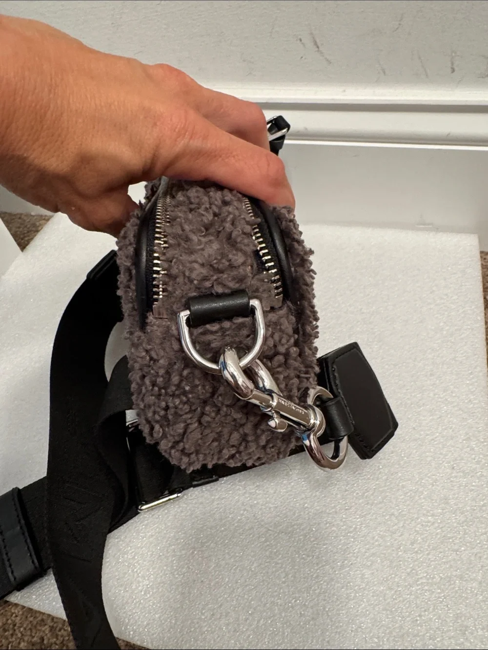 Marc Jacobs teddy shearling gray the snapshot crossbody bag purse